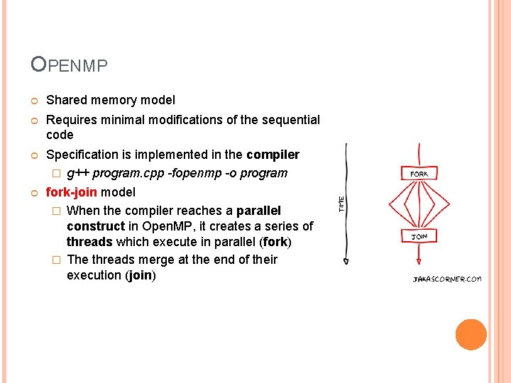 OPENMP Shared memory model Requires minimal modifications of the sequential code Specification is implemented