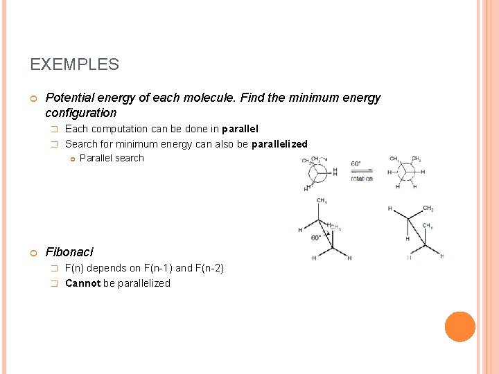 EXEMPLES Potential energy of each molecule. Find the minimum energy configuration Each computation can