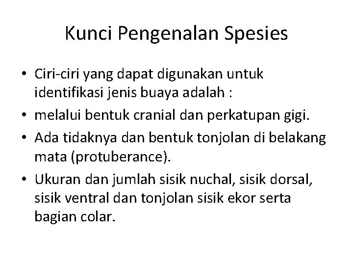 Kunci Pengenalan Spesies • Ciri-ciri yang dapat digunakan untuk identifikasi jenis buaya adalah :