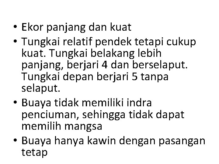  • Ekor panjang dan kuat • Tungkai relatif pendek tetapi cukup kuat. Tungkai