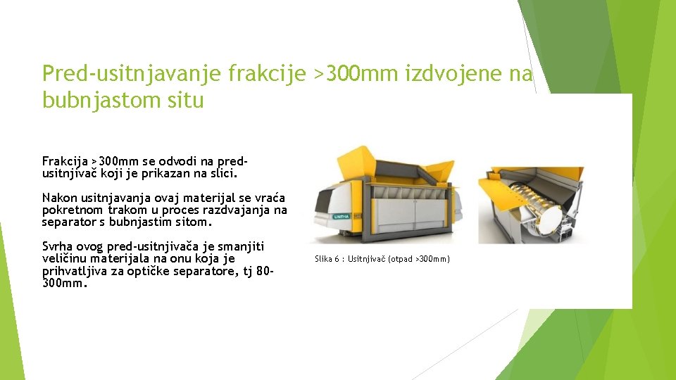 Pred-usitnjavanje frakcije >300 mm izdvojene na bubnjastom situ Frakcija >300 mm se odvodi na Pred-usitnjavanje frakcije >300 mm izdvojene na bubnjastom situ Frakcija >300 mm se odvodi na
