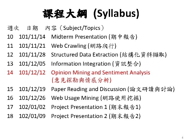 課程大綱 (Syllabus) 週次 日期 內容（Subject/Topics） 10 101/11/14 Midterm Presentation (期中報告) 11 101/11/21 Web Crawling