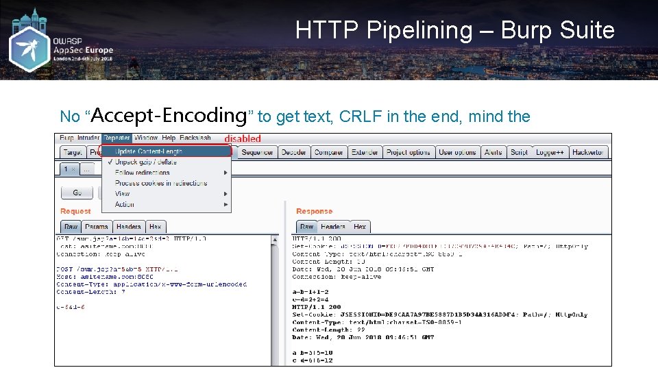 HTTP Pipelining – Burp Suite No “Accept-Encoding” to get text, CRLF in the end,