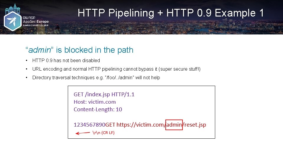 HTTP Pipelining + HTTP 0. 9 Example 1 “admin” is blocked in the path