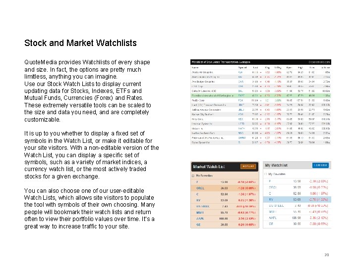 Stock and Market Watchlists Quote. Media provides Watchlists of every shape and size. In