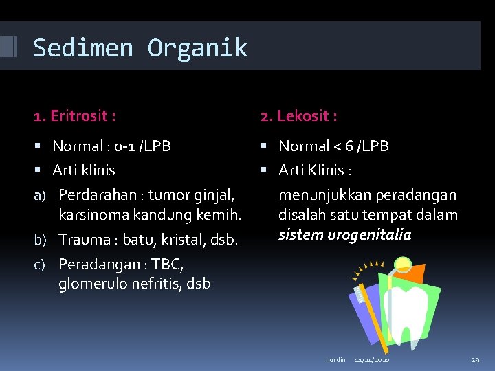 Sedimen Organik 1. Eritrosit : 2. Lekosit : Normal : 0 -1 /LPB Normal