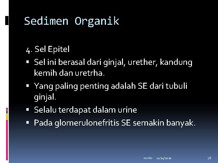 Sedimen Organik 4. Sel Epitel Sel ini berasal dari ginjal, urether, kandung kemih dan