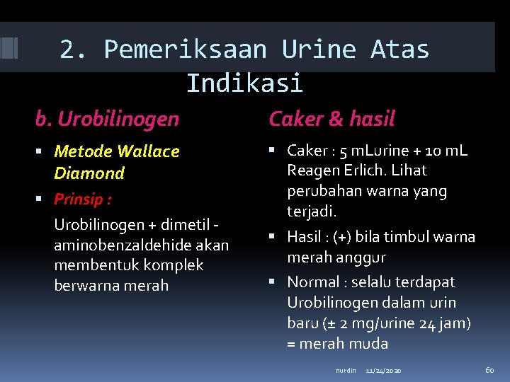 2. Pemeriksaan Urine Atas Indikasi b. Urobilinogen Caker & hasil Metode Wallace Diamond Prinsip