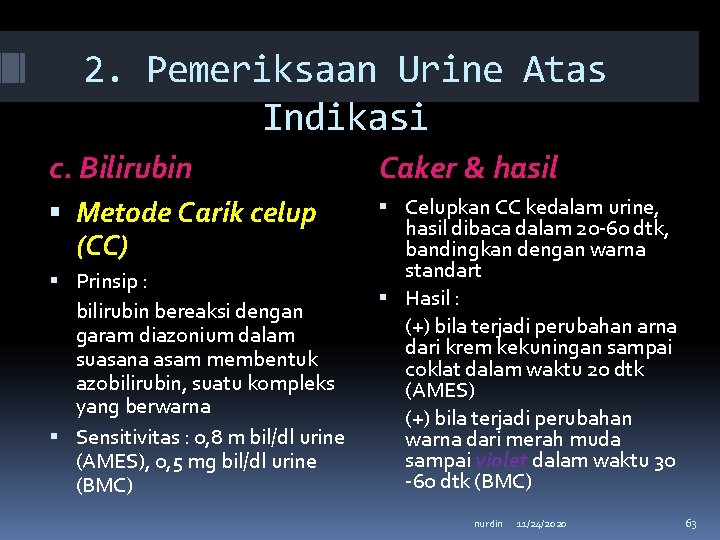 2. Pemeriksaan Urine Atas Indikasi c. Bilirubin Caker & hasil Metode Carik celup (CC)