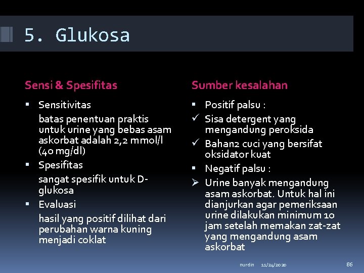 5. Glukosa Sensi & Spesifitas Sumber kesalahan Sensitivitas batas penentuan praktis untuk urine yang