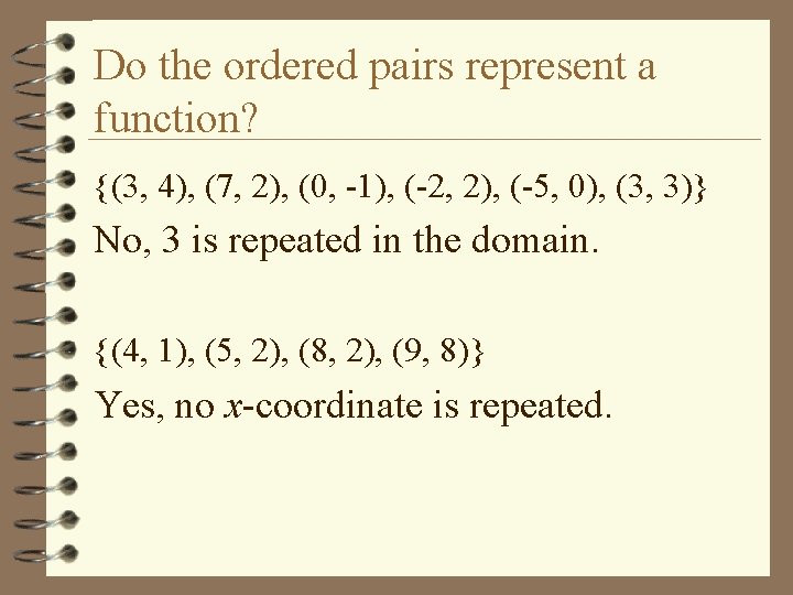 Do the ordered pairs represent a function? {(3, 4), (7, 2), (0, -1), (-2,