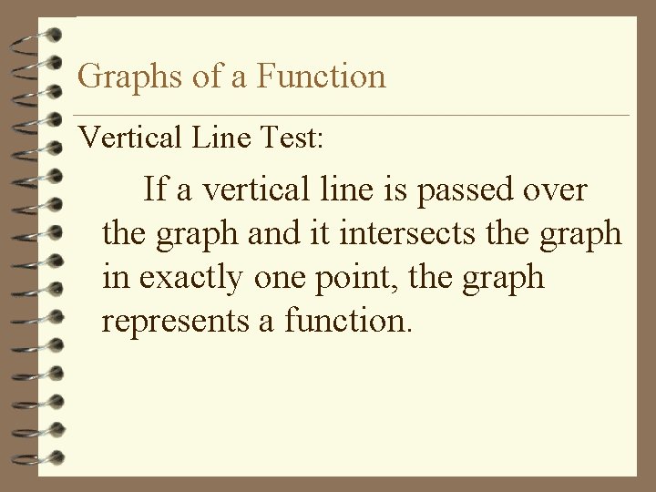 Graphs of a Function Vertical Line Test: If a vertical line is passed over Graphs of a Function Vertical Line Test: If a vertical line is passed over