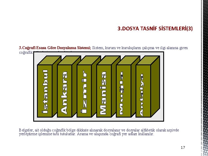 3. DOSYA TASNİF SİSTEMLERİ(3) 3. Coğrafi Esasa Göre Dosyalama Sistemi; Sistem, kurum ve kuruluşların