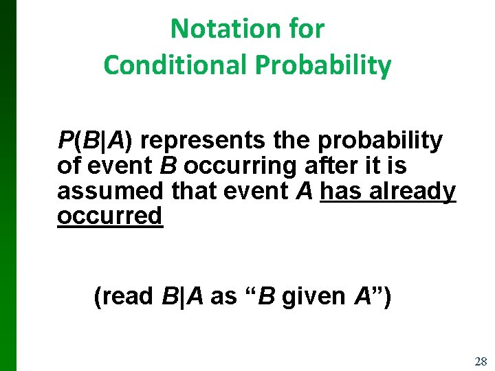 Notation for Conditional Probability P(B|A) represents the probability of event B occurring after it Notation for Conditional Probability P(B|A) represents the probability of event B occurring after it