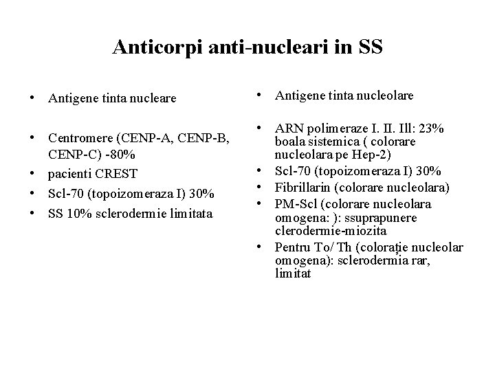 Anticorpi anti-nucleari in SS • Antigene tinta nucleare • Centromere (CENP-A, CENP-B, CENP-C) -80%