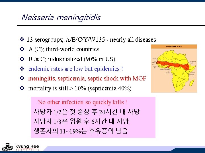 Neisseria meningitidis v 13 serogroups; A/B/C/Y/W 135 - nearly all diseases v A (C);