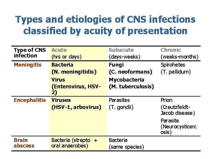 Types and etiologies of CNS infections classified by acuity of presentation Type of CNS
