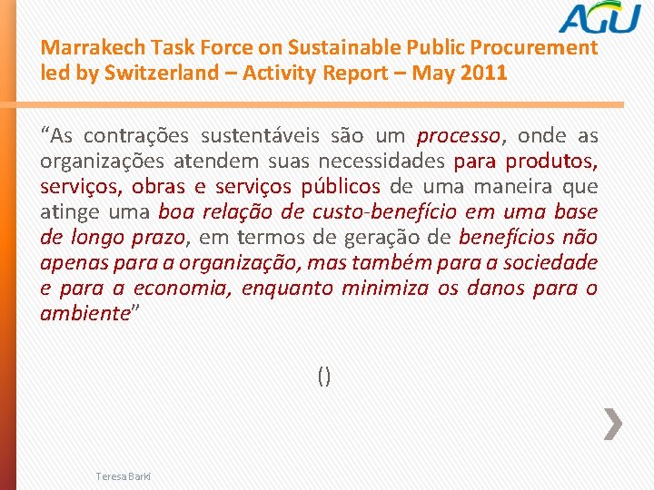 Marrakech Task Force on Sustainable Public Procurement led by Switzerland – Activity Report –