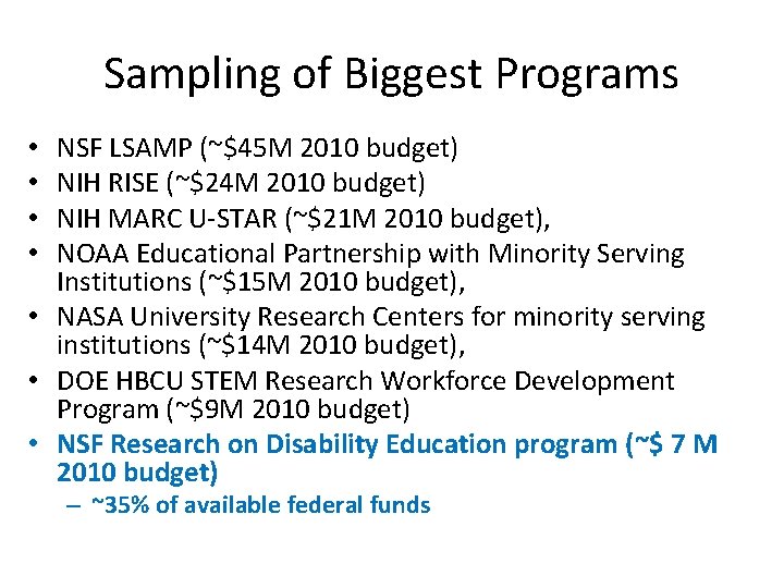 Sampling of Biggest Programs NSF LSAMP (~$45 M 2010 budget) NIH RISE (~$24 M