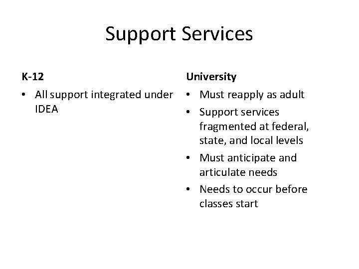 Support Services K-12 University • All support integrated under IDEA • Must reapply as