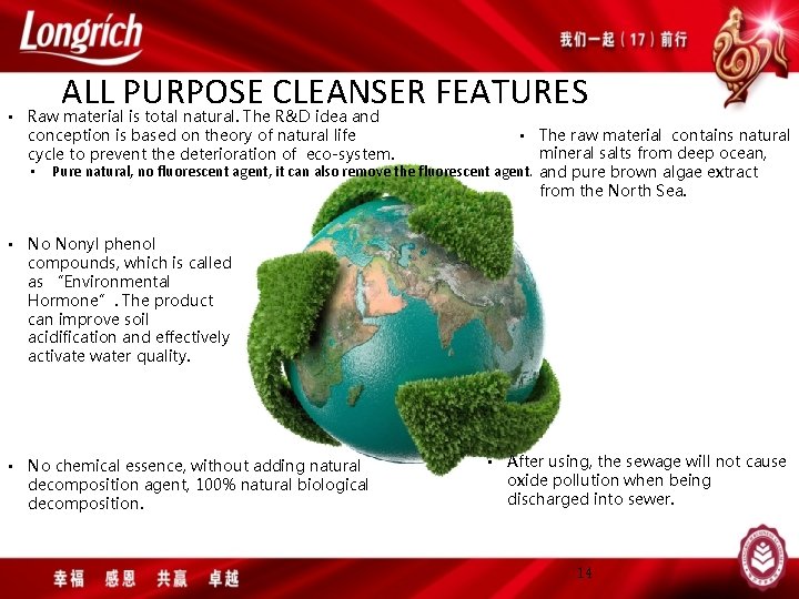 ALL PURPOSE CLEANSER FEATURES • Raw material is total natural. The R&D idea and