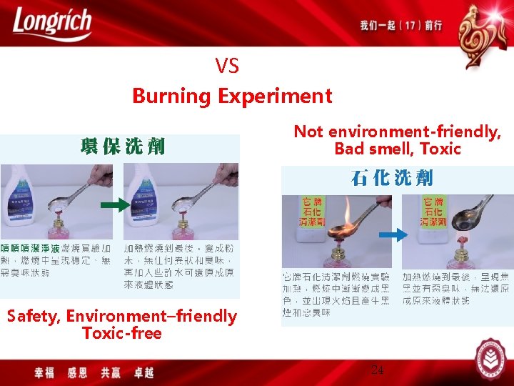 VS Burning Experiment Not environment-friendly, Bad smell, Toxic Safety, Environment–friendly Toxic-free 24 