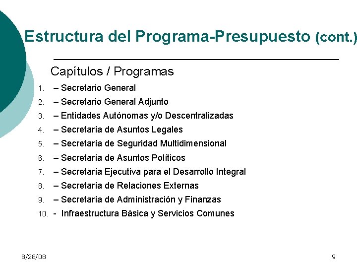 Estructura del Programa-Presupuesto (cont. ) Capítulos / Programas 1. – Secretario General 2. –