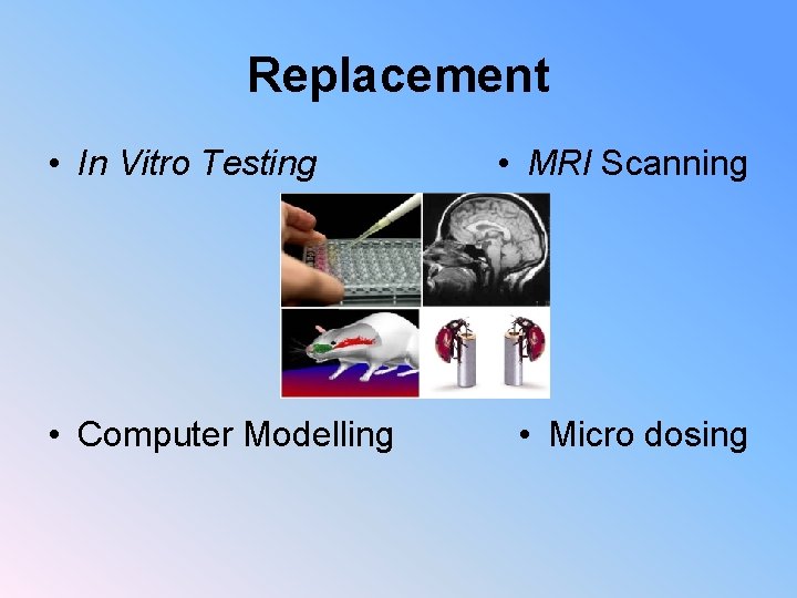 Replacement • In Vitro Testing • Computer Modelling • MRI Scanning • Micro dosing