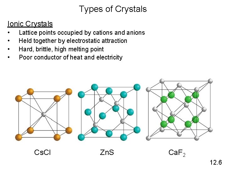 Types of Crystals Ionic Crystals • • Lattice points occupied by cations and anions