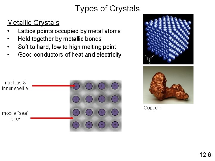 Types of Crystals Metallic Crystals • • Lattice points occupied by metal atoms Held