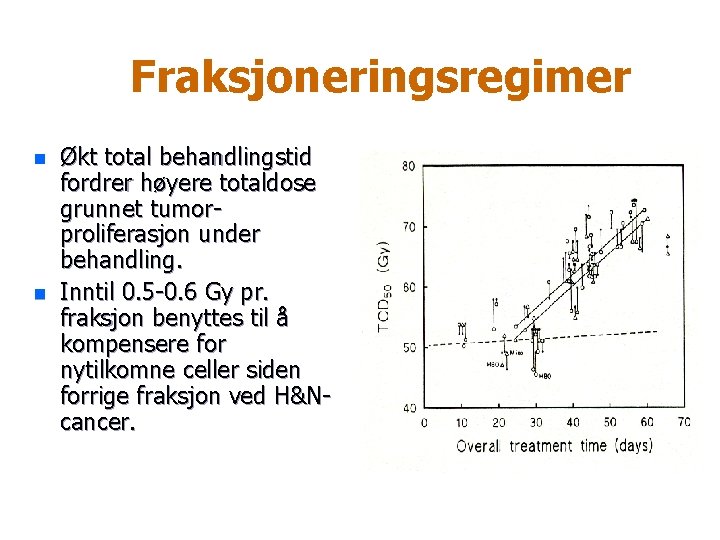 Fraksjoneringsregimer n n Økt total behandlingstid fordrer høyere totaldose grunnet tumorproliferasjon under behandling. Inntil