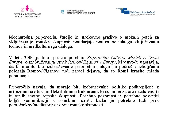 Mednarodna priporočila, študije in strokovno gradivo o možnih poteh za vključevanje romske skupnosti poudarjajo