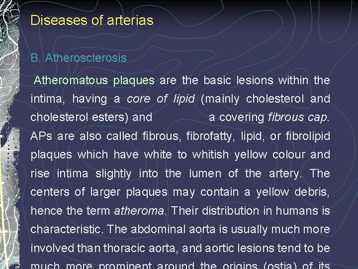 Diseases of arterias B. Atherosclerosis Atheromatous plaques are the basic lesions within the intima,