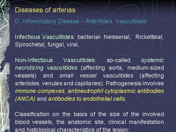 Diseases of arterias D. Inflammatory Disease – Arteritides, Vasculitides Infectious Vasculitides: bacterial- Neisserial, Rickettsial,