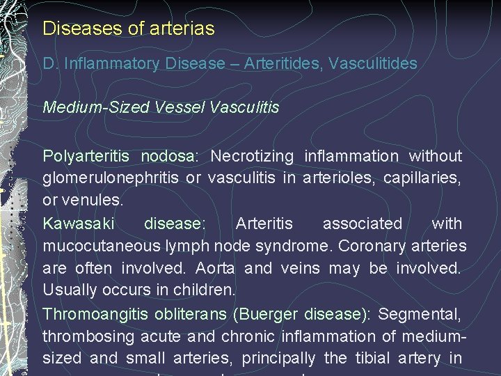 Diseases of arterias D. Inflammatory Disease – Arteritides, Vasculitides Medium-Sized Vessel Vasculitis Polyarteritis nodosa: