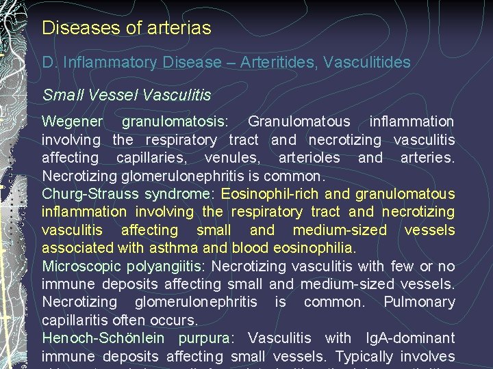 Diseases of arterias D. Inflammatory Disease – Arteritides, Vasculitides Small Vessel Vasculitis Wegener granulomatosis: