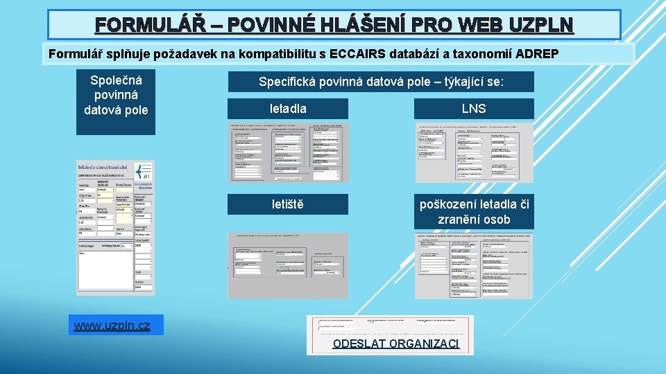 FORMULÁŘ – POVINNÉ HLÁŠENÍ PRO WEB UZPLN Formulář splňuje požadavek na kompatibilitu s ECCAIRS