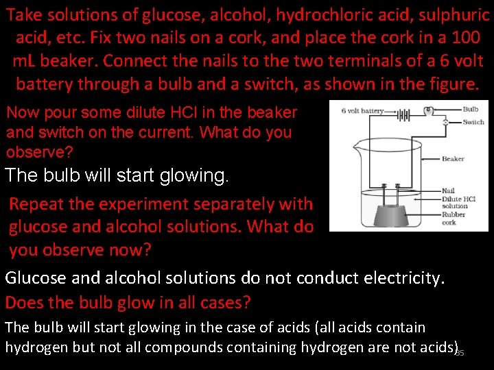 Take solutions of glucose, alcohol, hydrochloric acid, sulphuric acid, etc. Fix two nails on