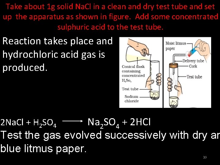 Take about 1 g solid Na. Cl in a clean and dry test tube