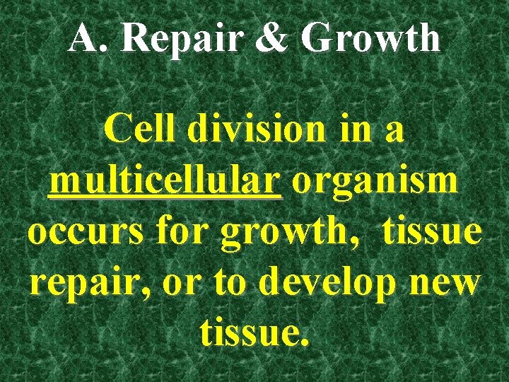 A. Repair & Growth Cell division in a multicellular organism occurs for growth, tissue