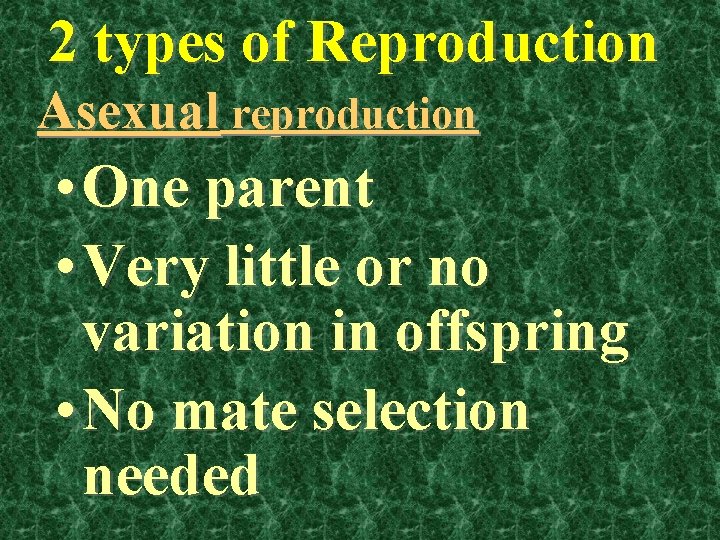 2 types of Reproduction Asexual reproduction • One parent • Very little or no