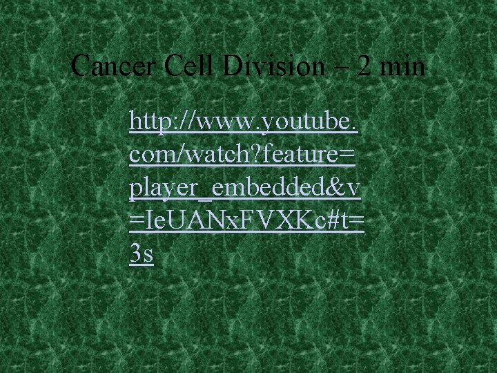 Cancer Cell Division – 2 min http: //www. youtube. com/watch? feature= player_embedded&v =Ie. UANx.