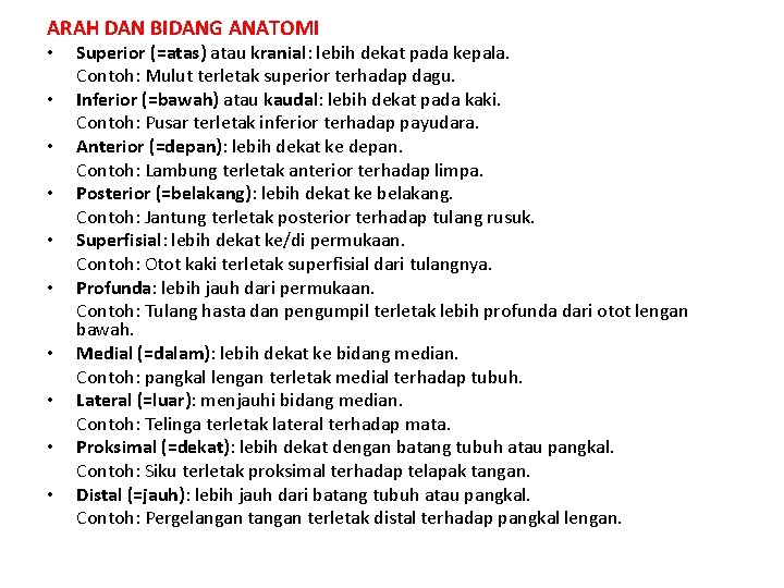 ARAH DAN BIDANG ANATOMI • • • Superior (=atas) atau kranial: lebih dekat pada