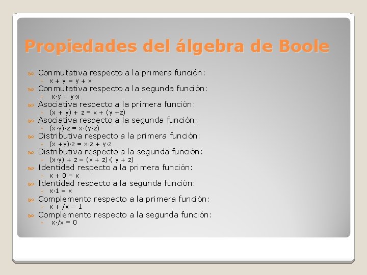 Propiedades del álgebra de Boole Conmutativa respecto a la primera función: Conmutativa respecto a