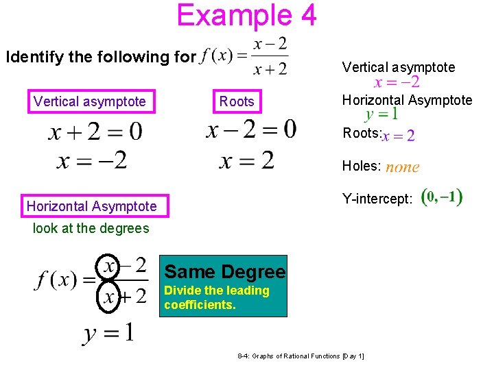 Example 4 Identify the following for Vertical asymptote Roots Horizontal Asymptote Roots: Holes: Y-intercept: