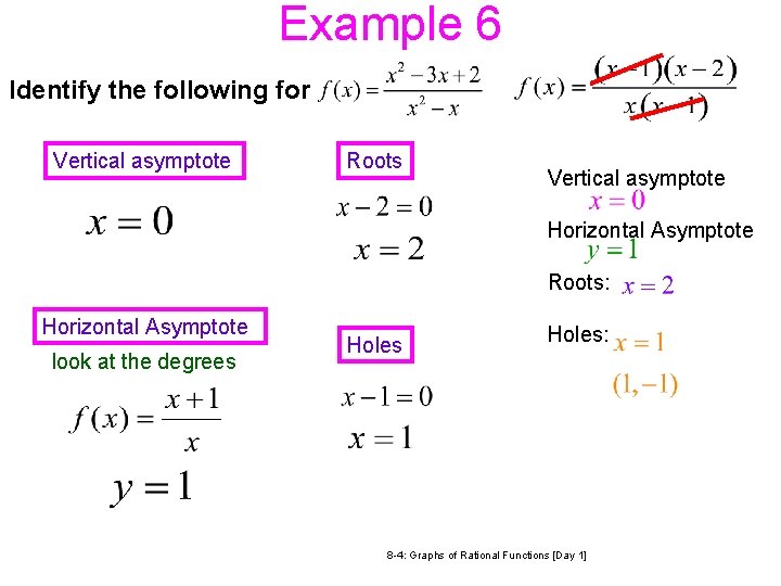 Example 6 Identify the following for Vertical asymptote Roots Vertical asymptote Horizontal Asymptote Roots: