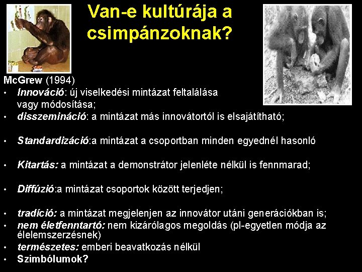 Van-e kultúrája a csimpánzoknak? Mc. Grew (1994) • Innováció: új viselkedési mintázat feltalálása vagy