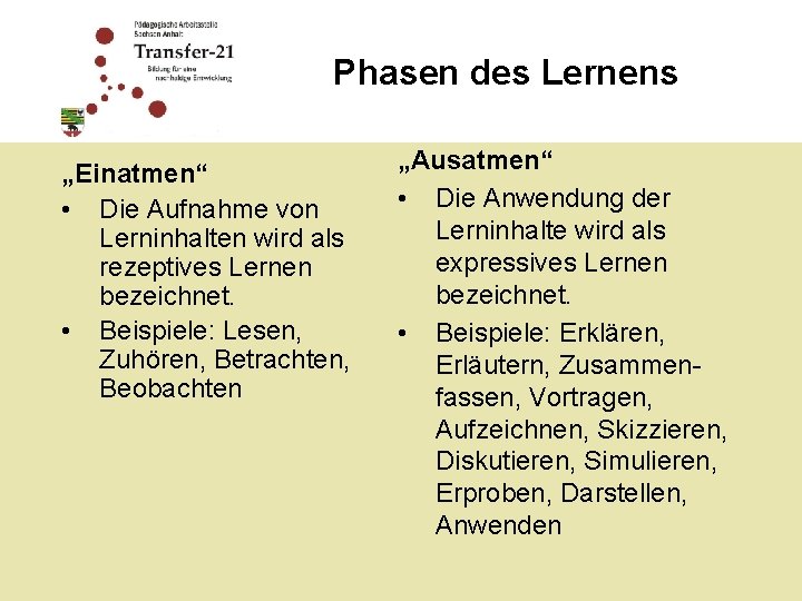 Phasen des Lernens „Einatmen“ • Die Aufnahme von Lerninhalten wird als rezeptives Lernen bezeichnet.