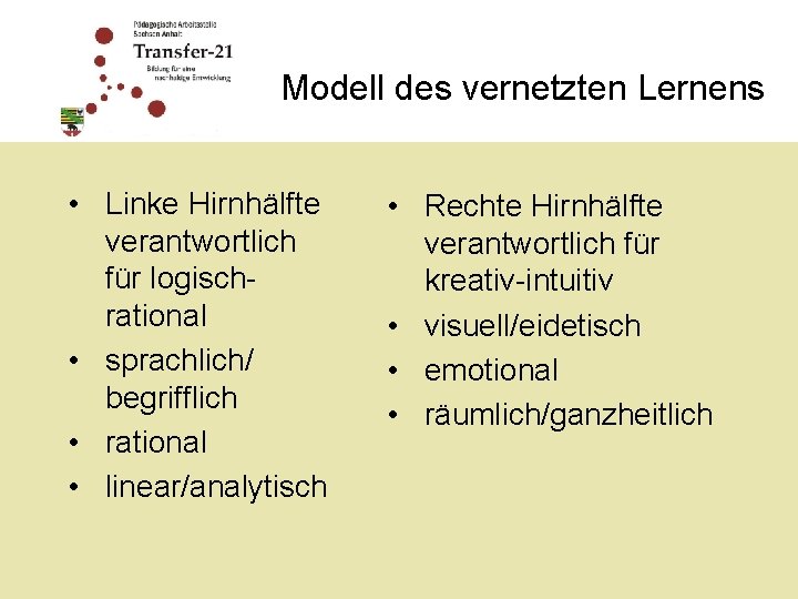 Modell des vernetzten Lernens • Linke Hirnhälfte verantwortlich für logischrational • sprachlich/ begrifflich •